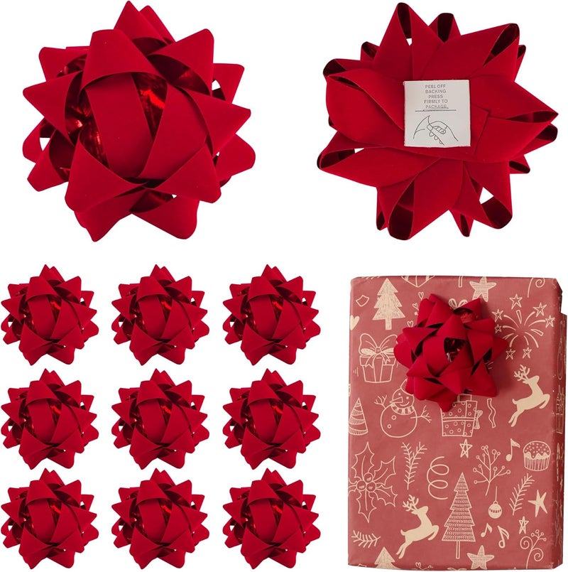 LiBongTa 4.5 Inch Red Velvet Ribbon Gift Bow Decorative Bows, Premade Valentine Bows for Gift Wrapping Self Adhesive, Wrapping Bows for Presents, Party Favor, Holiday, Wedding, Birthday-12 Counts - Image 1